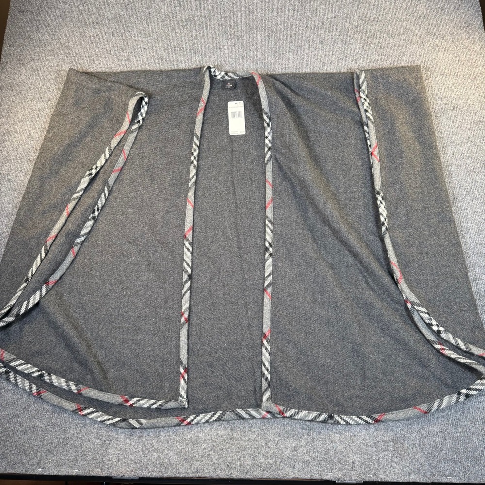 V. Fraas Womens Grey Open Front Ruana Wrap Plaid Trim One Size New #3149